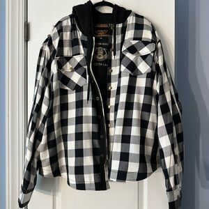 Milwaukee leather performance apparel. white and black plaid jacket with hood